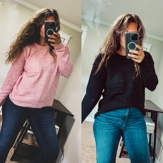 Round Neck Lightweight Sweater w/Pocket