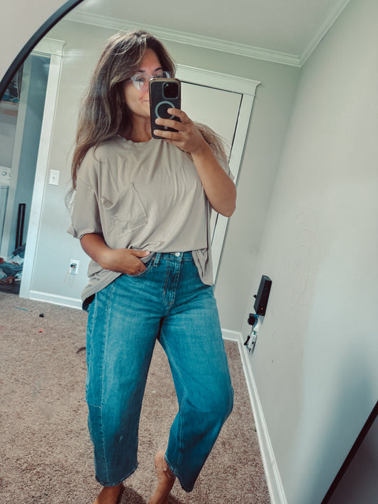 Beige Ribbed Oversozed Pocket Tee