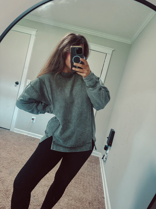 Dark Olive Ribbed Split Seam Sweatshirt