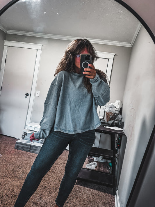 Acid Wash Double Ribbed Exposed Seam Pullover
