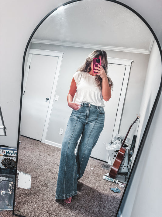 High Waist Pintuck Detail Mid Wash Beth Jeans